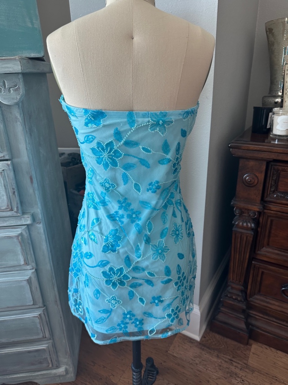 Peppermayo Tiffany Blue Strapless Sequin Mini Dress - Picture 10 of 13